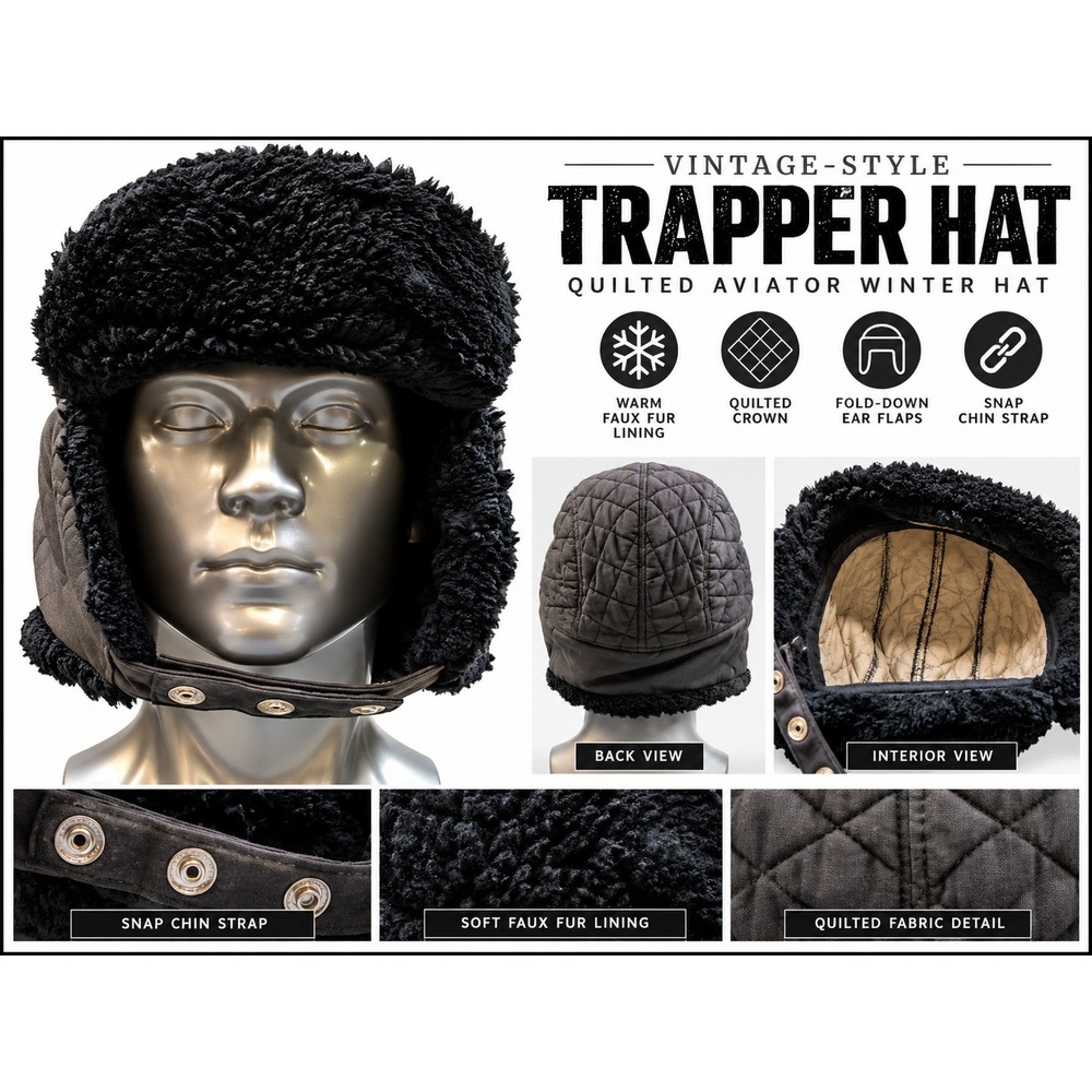 Wrangler Vintage Trapper Hat Quilted Aviator Winter Faux Fur Ear Flap Gray Black